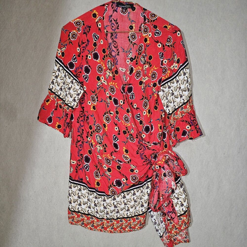 Suzanne Betro Red Boho Wrap Tunic Top Womens Large Lightweight Festival Duster